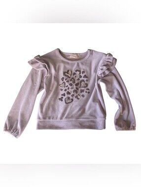 btween Ruffle-Shoulder Sweatshirt with Heart Leopard Glitter